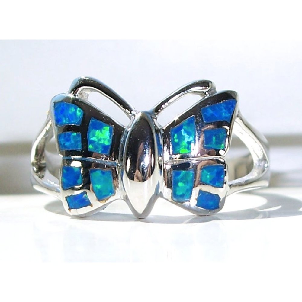 .925 STERLING SILVER Lab Created Blue Fire Opal Inlay Butterfly Ring - Picture 1 of 13